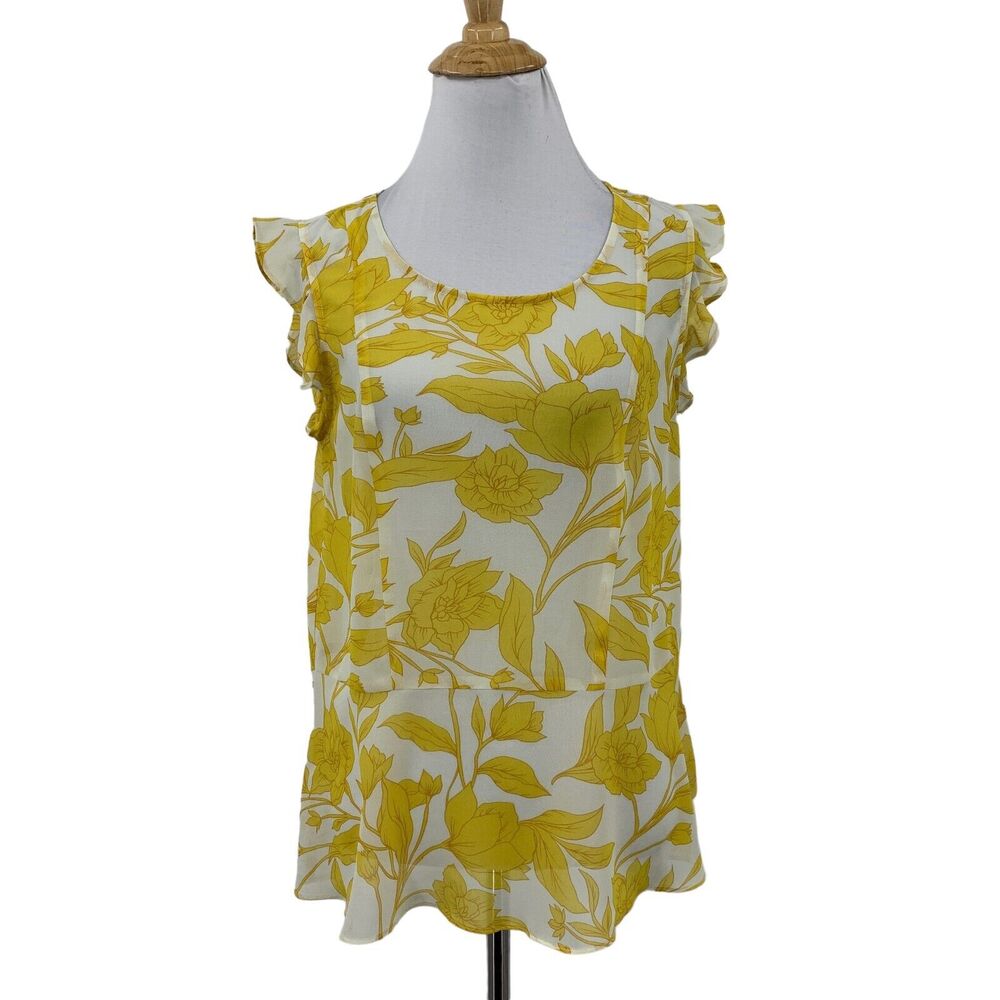 CAbi Blouse Womens XS Extra Small Yellow White Sunrise Floral Ruffle Cap Sleeves